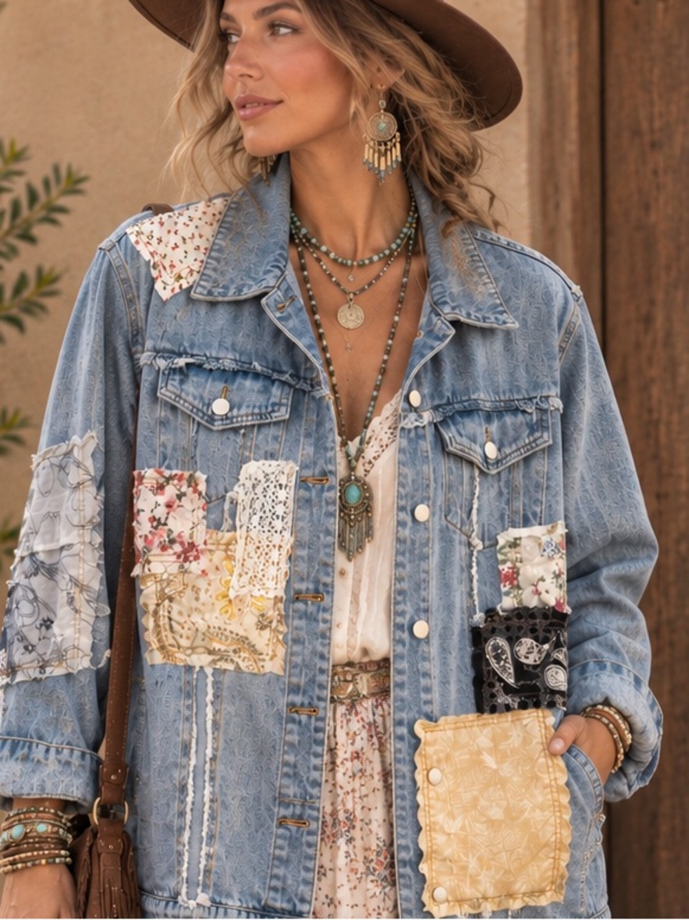 POL Denim Lace, Paisley, Floral Patchwork Oversized Boho Light Blue Jean Jacket